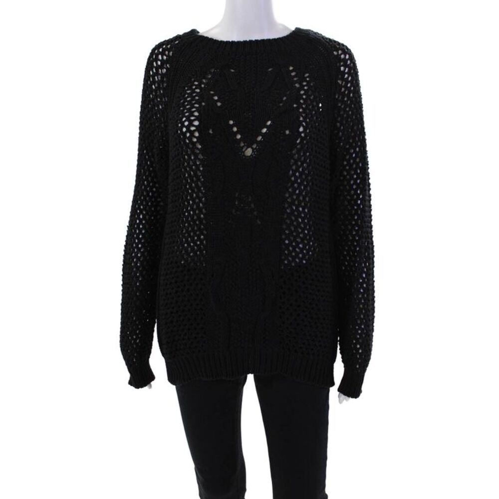 Athe Womens Long Sleeve Scoop Neck Open Knit Sweater Black Cotton Size 1